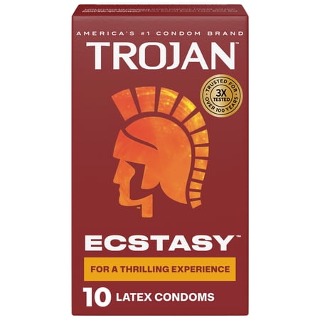 Trojan Ecstasy Ribbed Bulbous Shape Latex Premium Lubricated Condoms, 10 Count