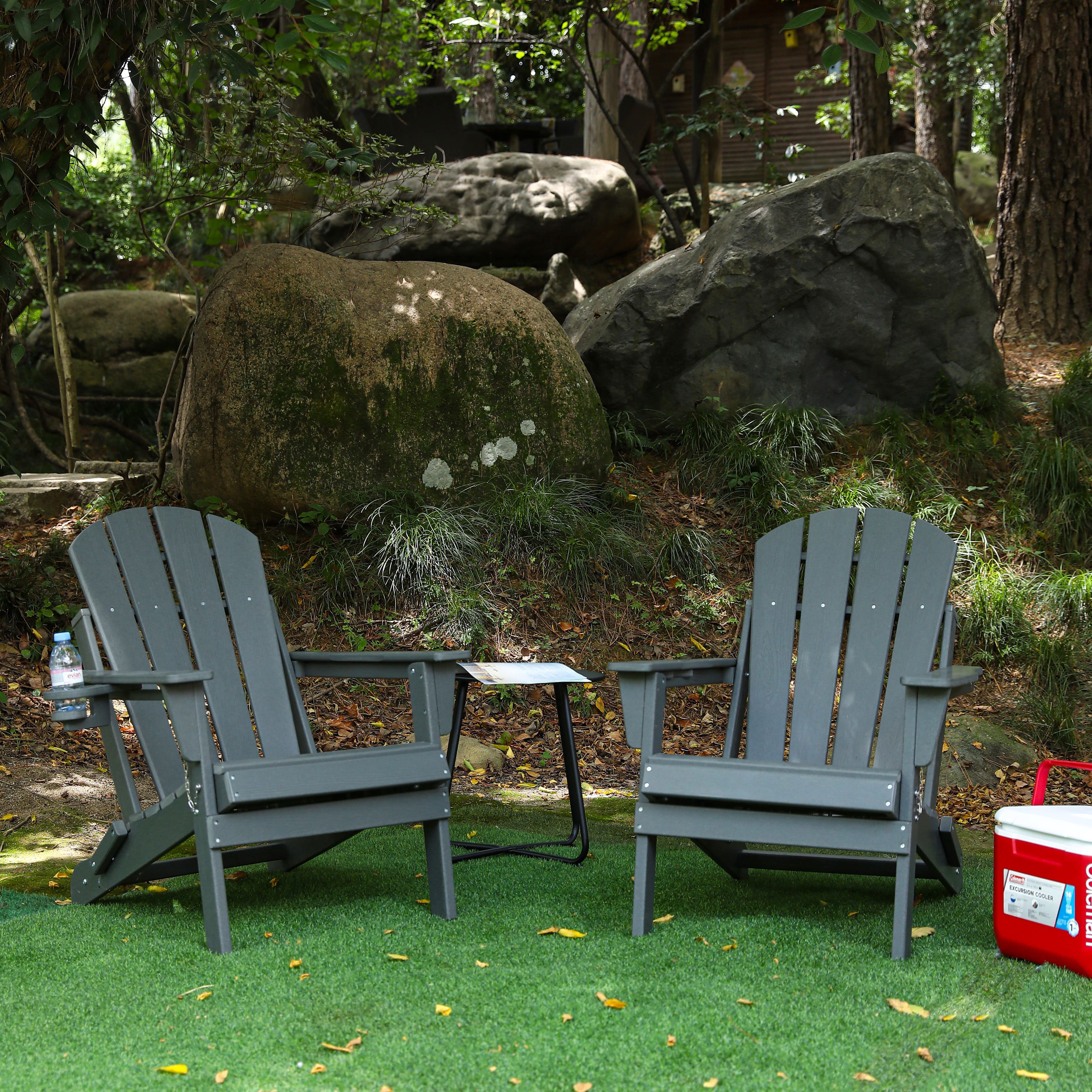 Resenkos HDPE Folding Adirondack Chair with Dual Cup Holder and Wood Texture, Composite Patio Chair for Outdoor Space, Gray