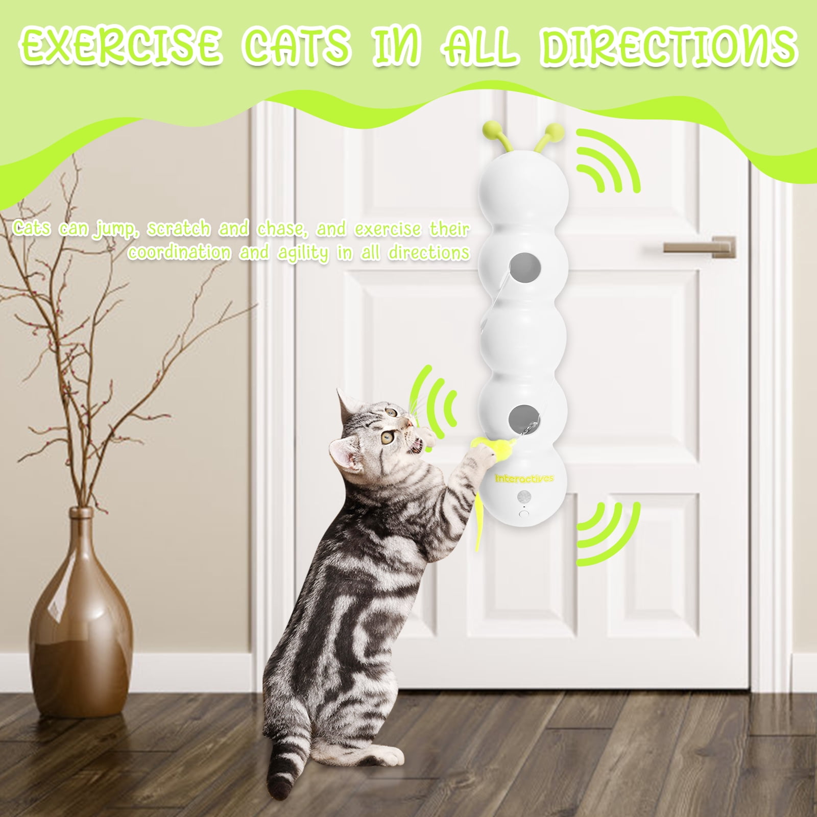 LINFANG Smart Cat Toy with Worm Design Rechargeable Motion Activated Interactive Cat Toy with Suction Cup Wall and Window Mounted for Boredom