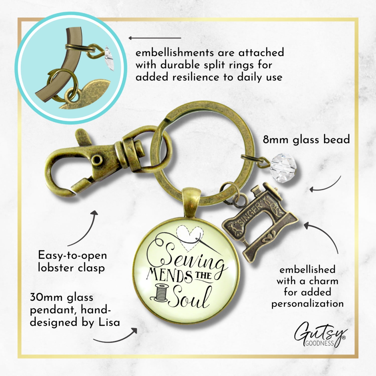 Sewing Keychain Gutsy Goodness Mends the Soul Seamstress Key Ring Bronze Metal Adult Female Jewelry Machine Charm