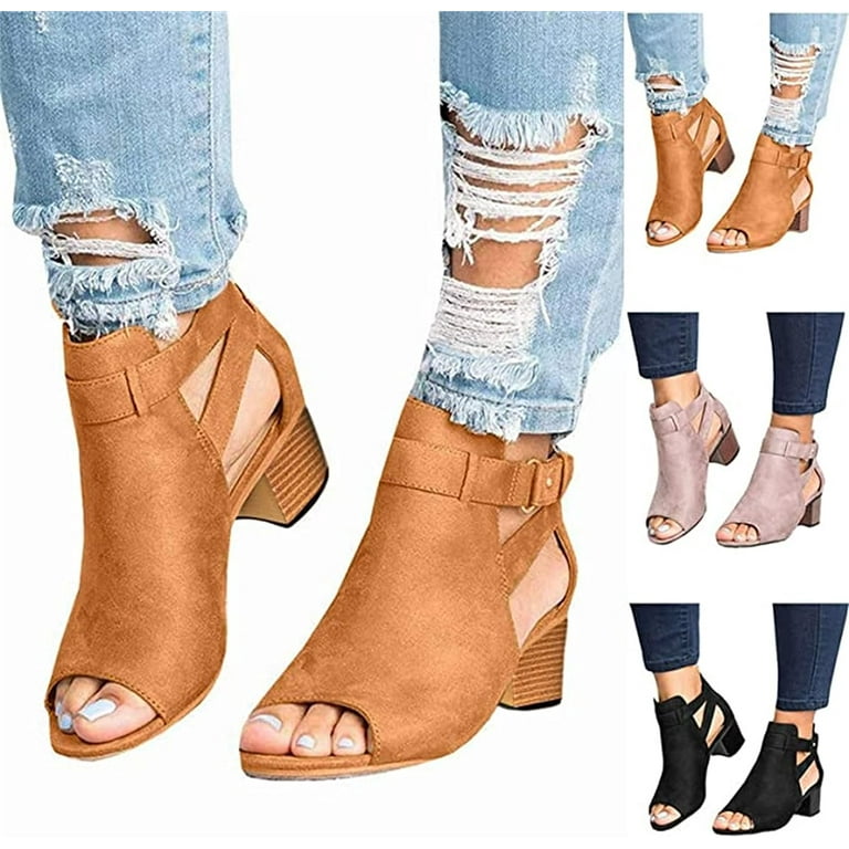 Women Peep Open Toe Boot Cut Out Buckle Ankle Bootie Stacked Block