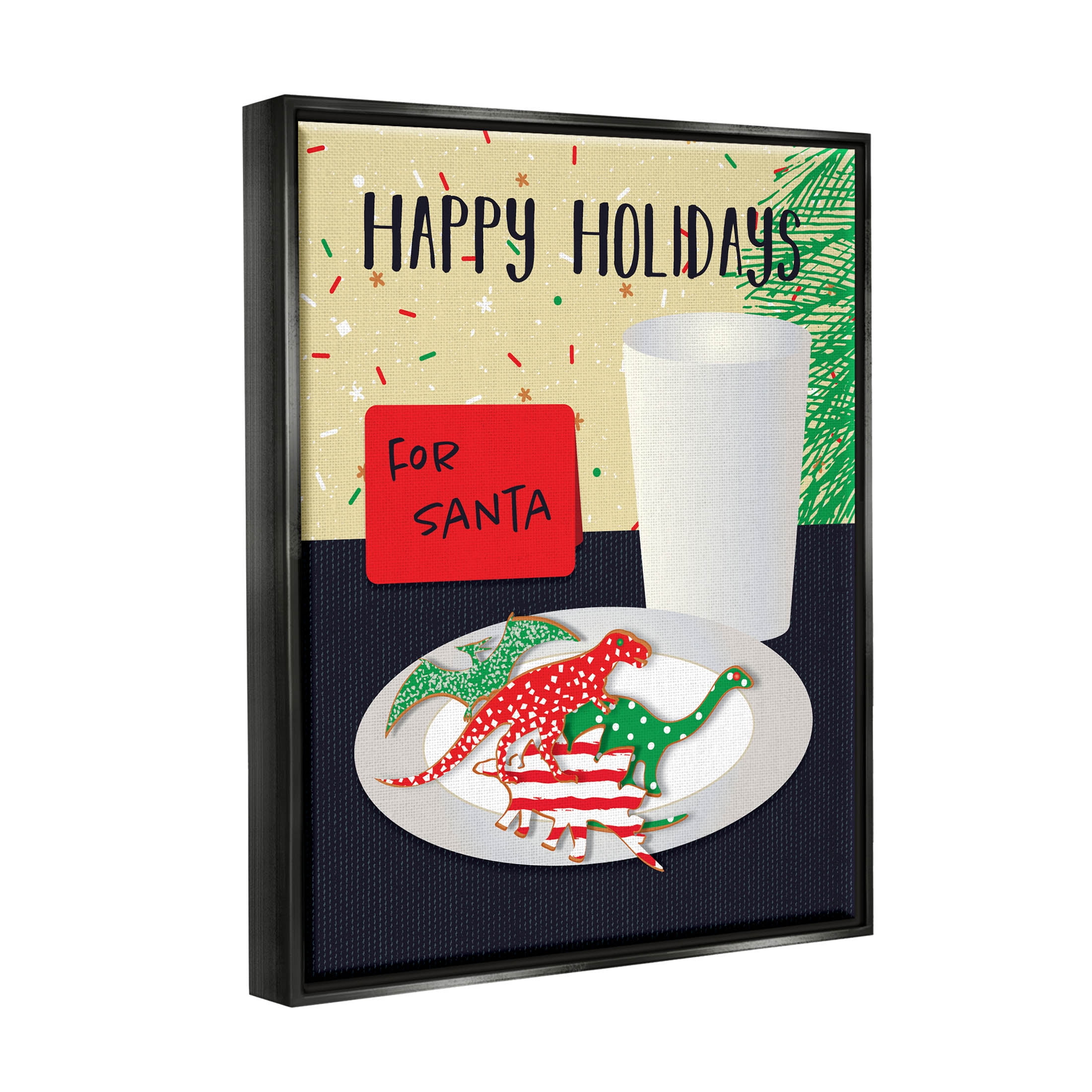 Happy Holidays Dinosaur Santa Cookies Holiday Graphic Art Jet Black Framed Art Print Wall Art