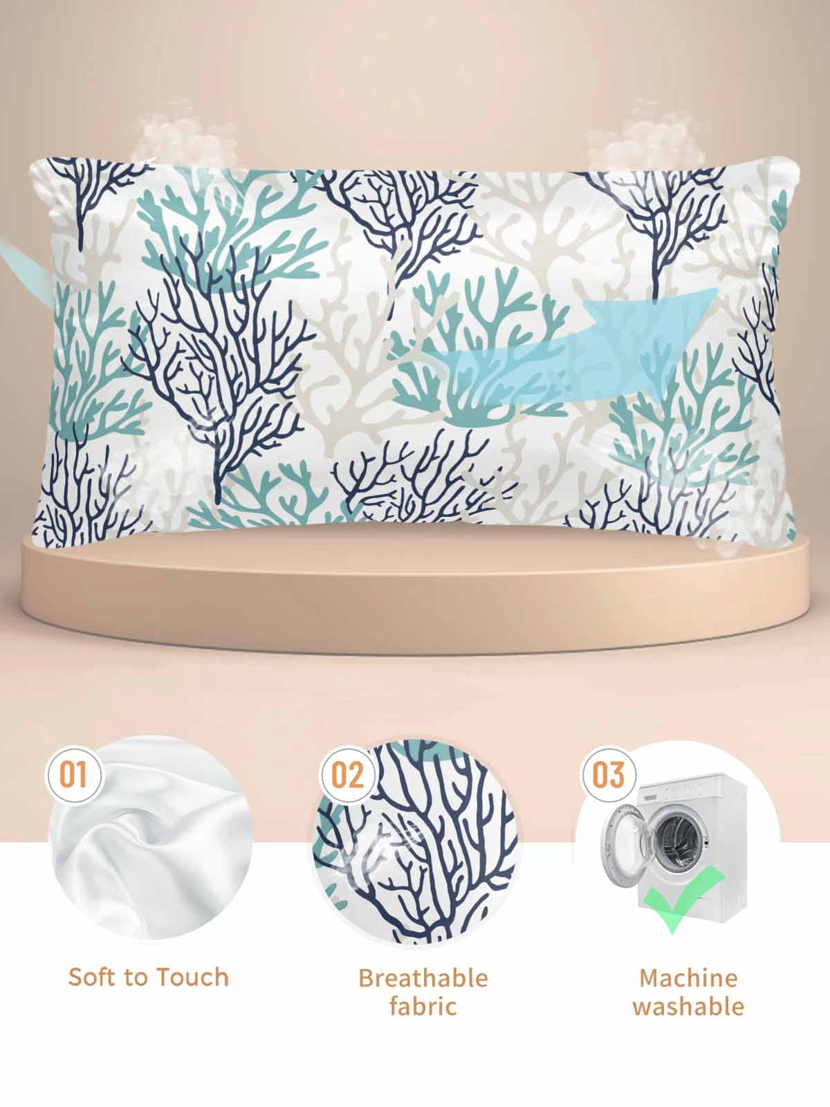 Teal Blue Grey Coral Coastal Pillow Cases Cal King Size, Smooth Satin Pillowcase for Hair and Skin, Summer Beach Seaside Nautical Decorative Cooling Bed Pillow Covers with Zipper, 20x40 Inches