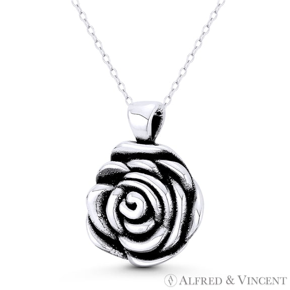 Rose Flower Charm 3D 26x20mm (1x0.8in) Pendant & Chain Necklace in Oxidized .925 Sterling Silver