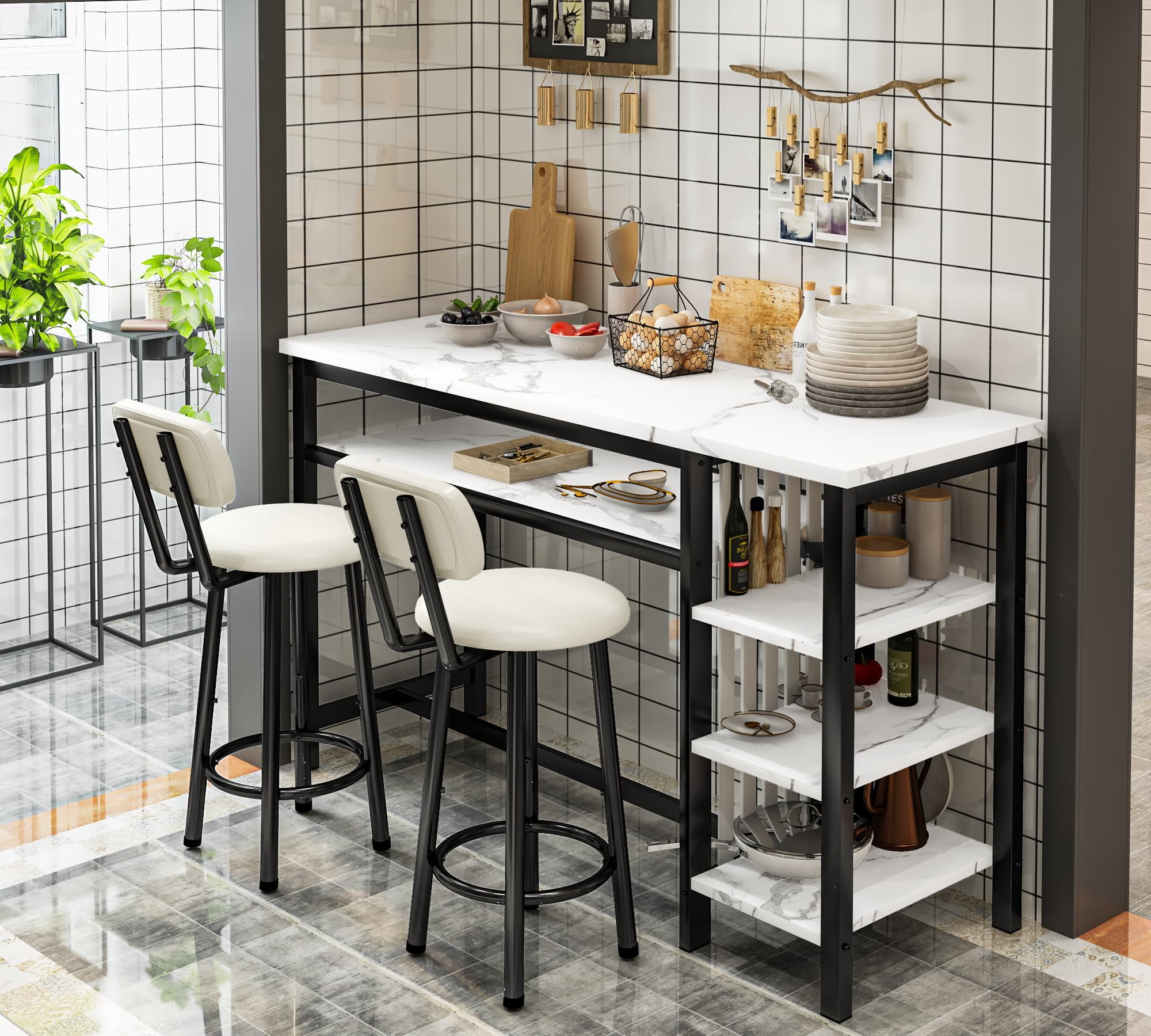 Lamerge Bar Dining Table Set for 2, 3 Piece Bar Table and Chairs Set, Kitchen Counter Height Dining Table Set, Small Kitchen Bar Table with Storage, Breakfast Nook Set for Small Space, White+Black