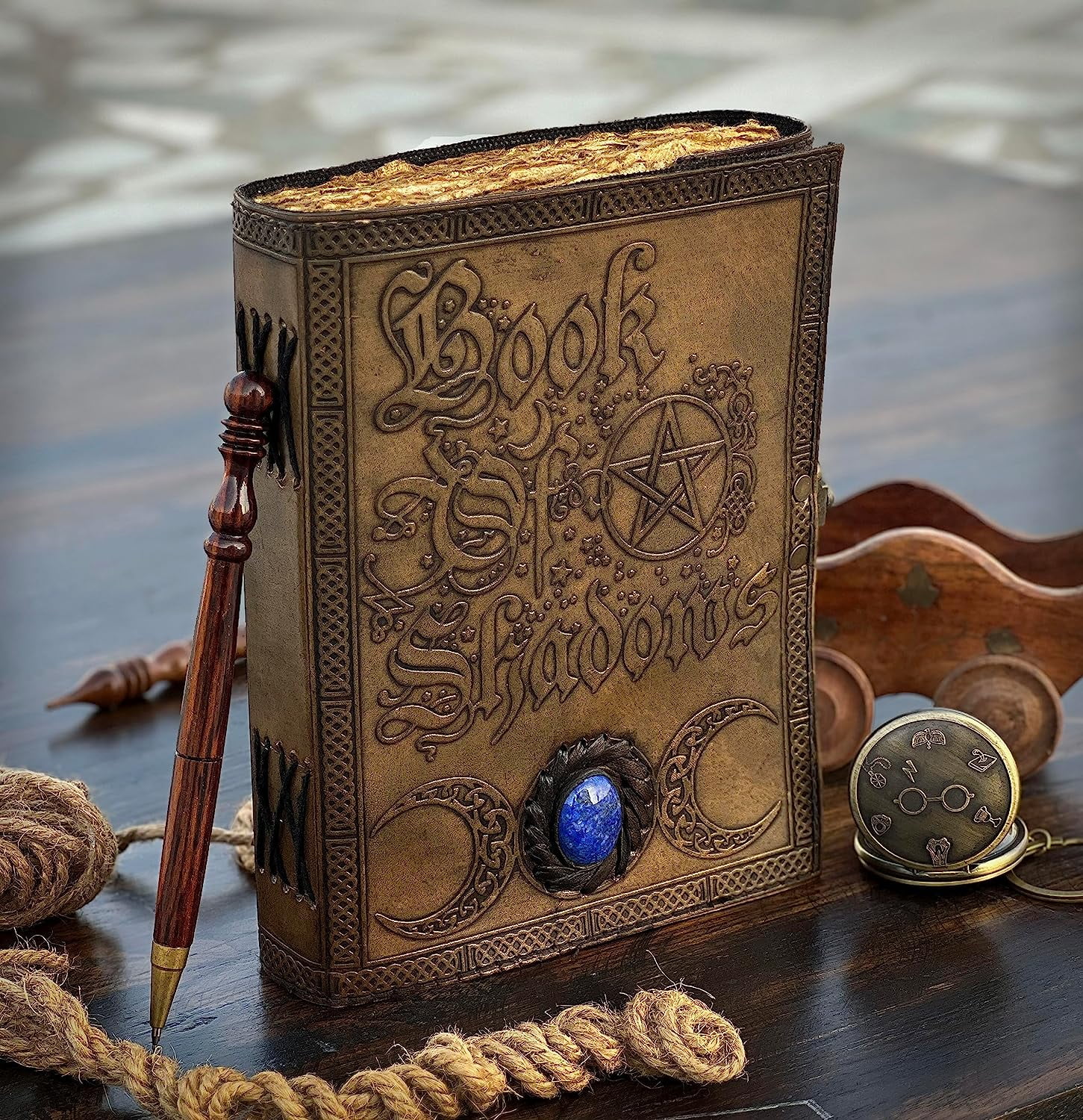 Book Of Shadows Leather Journal with Semi Precious Stone - Lock Closure, 200 pages Antique Deckle Edge Paper , Grimoire Journal, Triple Moon, Pentagram, Mother Of earth, Tree Of Life, Witch Journal