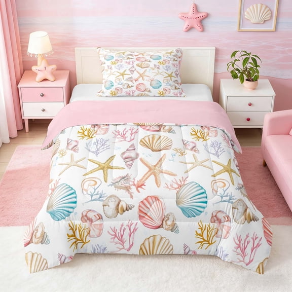 Manfei Watercolor Seashell Starfish Coral Twin Comforter Sets for Kids Girls, Cartoon Sealife Bedding Set, Pink Reversible 2pcs, 1 Comforter and 1 Pillowcase