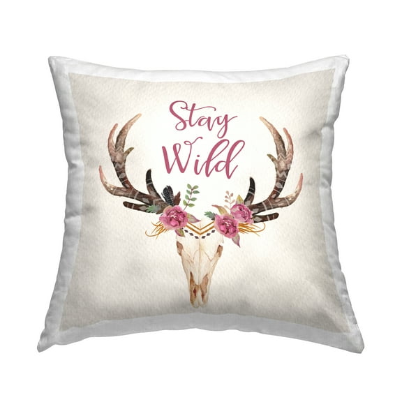 Stupell Industries Stay Wild Chic Boho Floral Deer Skull Design by Amy Brinkman Throw Pillow