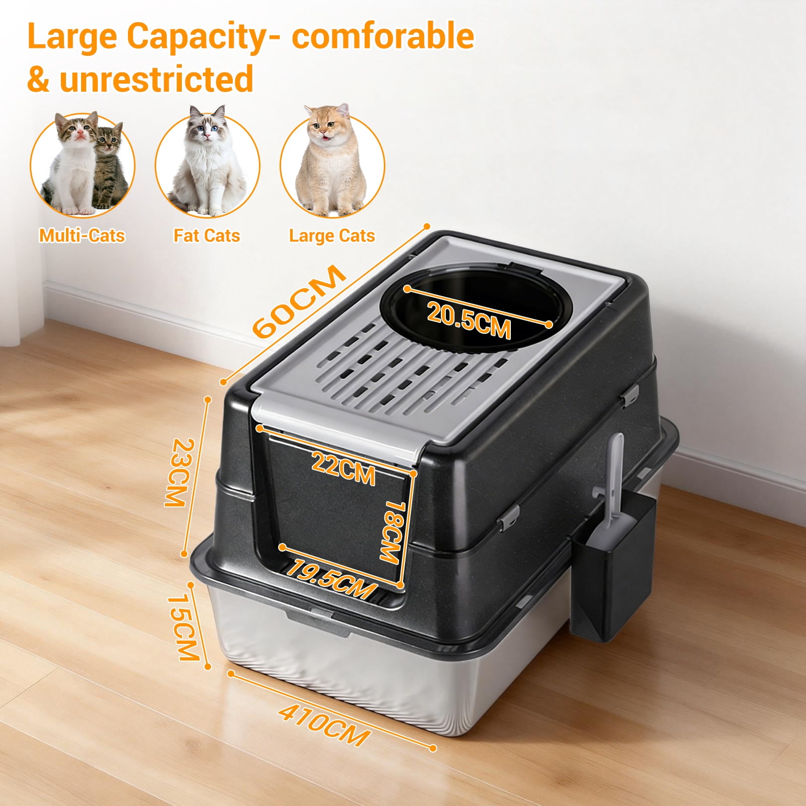 Extra Large Stainless Steel Cat Litter Box, Enclosed Detachable Covered Litter Tray with 180° Flip Top, Leak-Proof & Odor-Resistant, Easy to Clean for Small Medium Large Cats, Deep Black 60x40x38.5cm