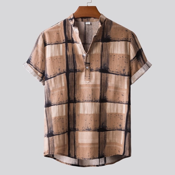 QUINDOS Button Down Hawaiian Button up Shirt Casual Short Sleeve Summer Cotton Linen Shirts Loose Vacation Plaid Beach Shirts