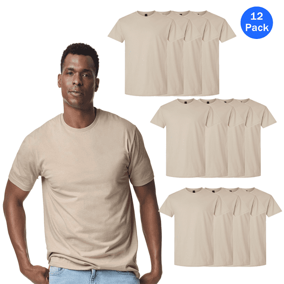 Gildan Men's Short Sleeve T-Shirt, Crew Neck 100% Light Cotton Sand Classic fit Tee, 12 Pack, S