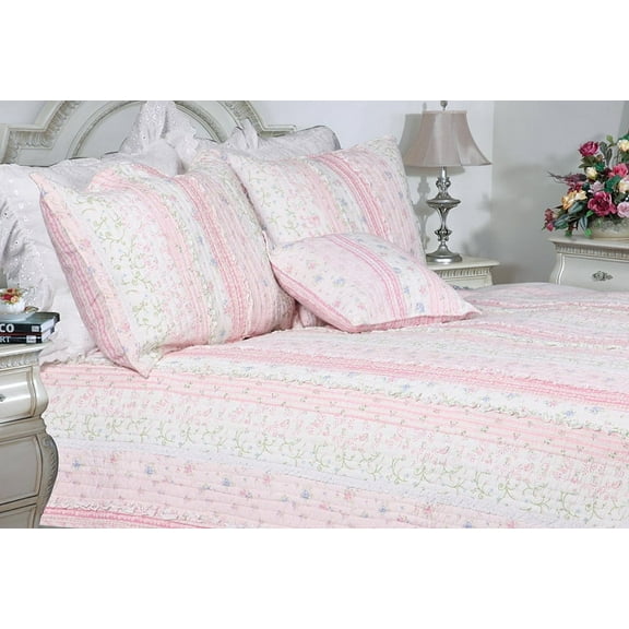 Flowering Season - Pink 100% Cotton 3PC Classic Floral Vermicelli-Quilted Quilt Set (Full/Queen Size)