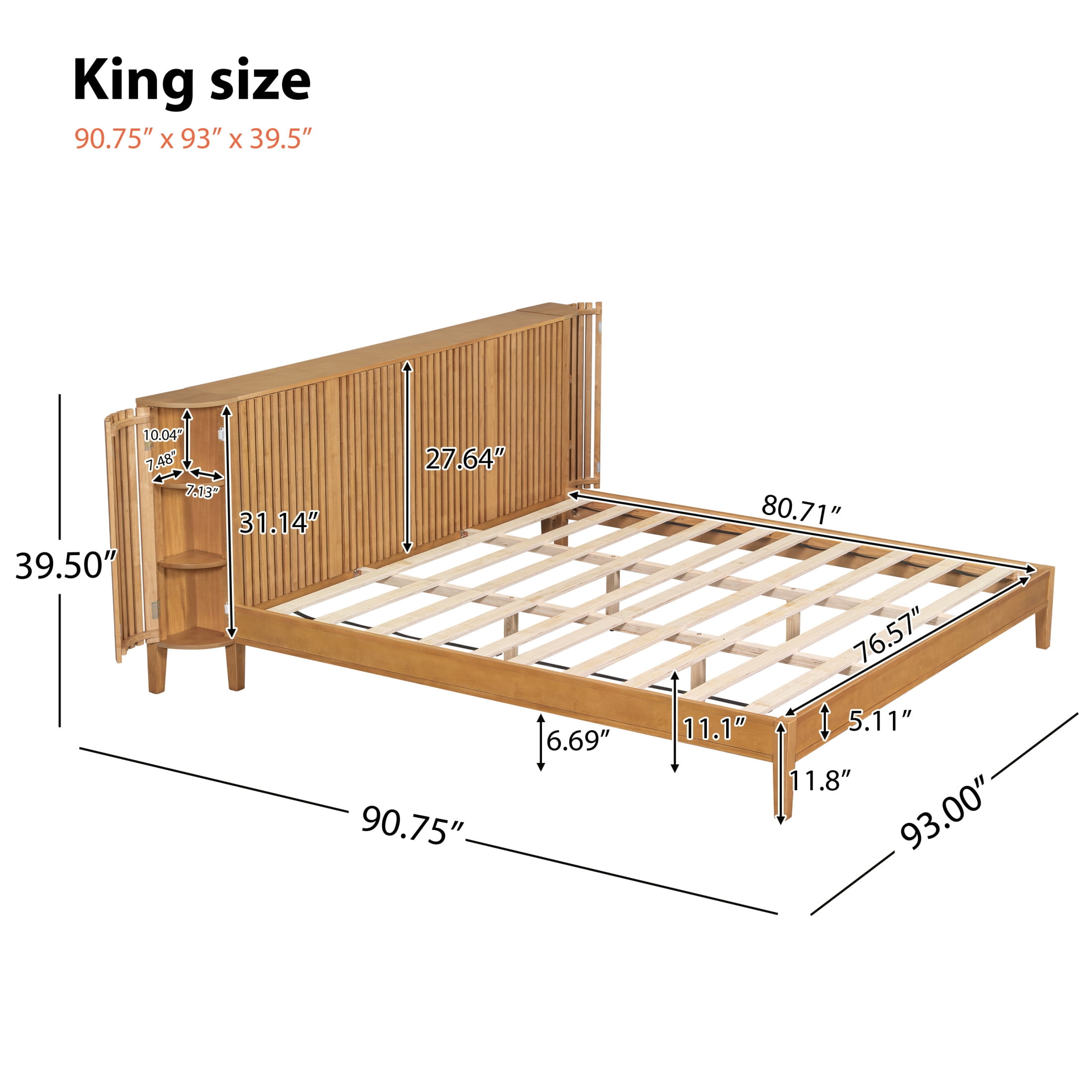 Christopher Knight Home King Size Pine Wood Bed Frame with Slat Headboard and Side Storage Cabinets, Natural
