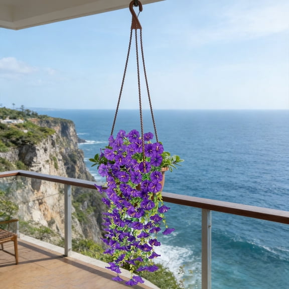 Faux Flowers Artificial Hanging Flower Outdoor Artificial Petunias for Outdoors UV Resistant Silk Flowers for Outside for Summer Kitchen Porch Patio Balcony Backyard Decor (1Pc,Purple)