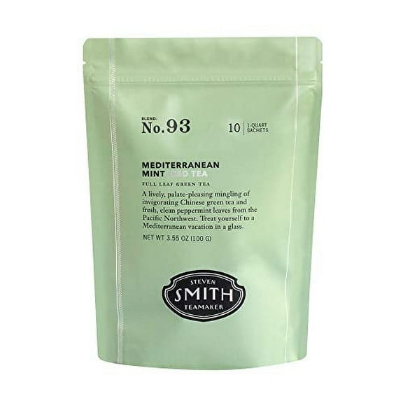 Smith Teamaker | Mediterranean Mint Iced Tea No. 93 - Green Tea & Peppermint Leaves | Refreshing, Caffeinated Full Leaf Green Iced Tea (10 Count - 1 Quart Sachets)