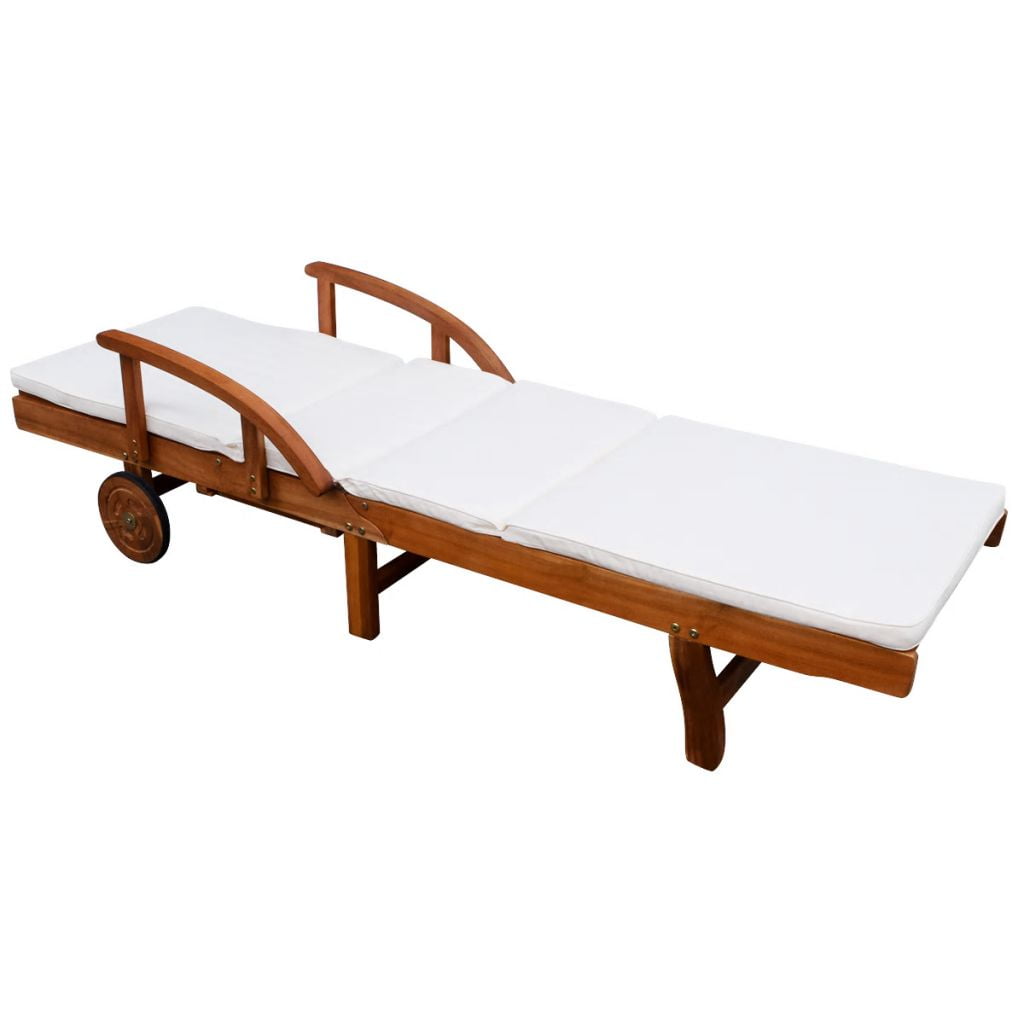 Lowestbest Sun Lounger with Cushion, Solid Wood Chaise Lounge Chair with 2 Wheels
