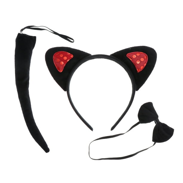 Conjunto de 3 piezas en 1, diadema negra con lentejuelas rojas, divertida diadema con orejas de gato, accesorio para disfraz, suministros para fiestas, diadema con lentejuelas de animales, lazo para