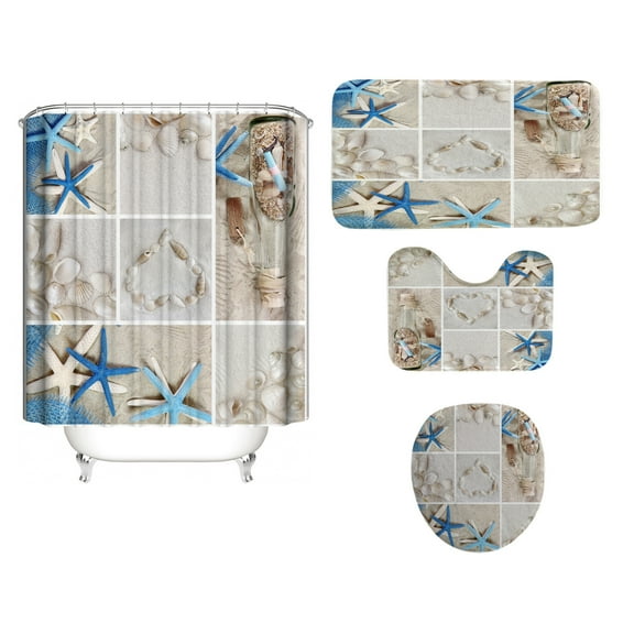 Bathroom Shower Curtain Set 4 Pcs Beige Bathroom Sets with Rugs (Bath Mat,U Shape and Toilet Lid Cover Mat) Shower Curtain with 12 Hooks Machine Washable