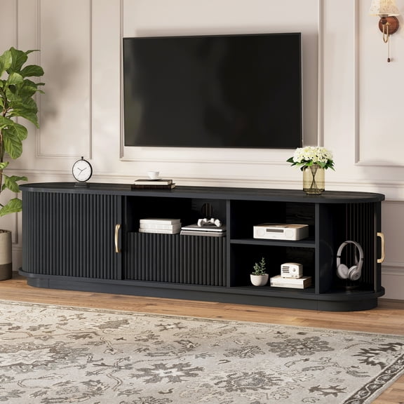 LifeSky Sliding Door TV Stand for TVs up to 75" Hides Clutter in Seconds: Conceals Cables & Electronics - Living Room Entertainment Center - Farmhouse Media Console with Drawer & Shelves
