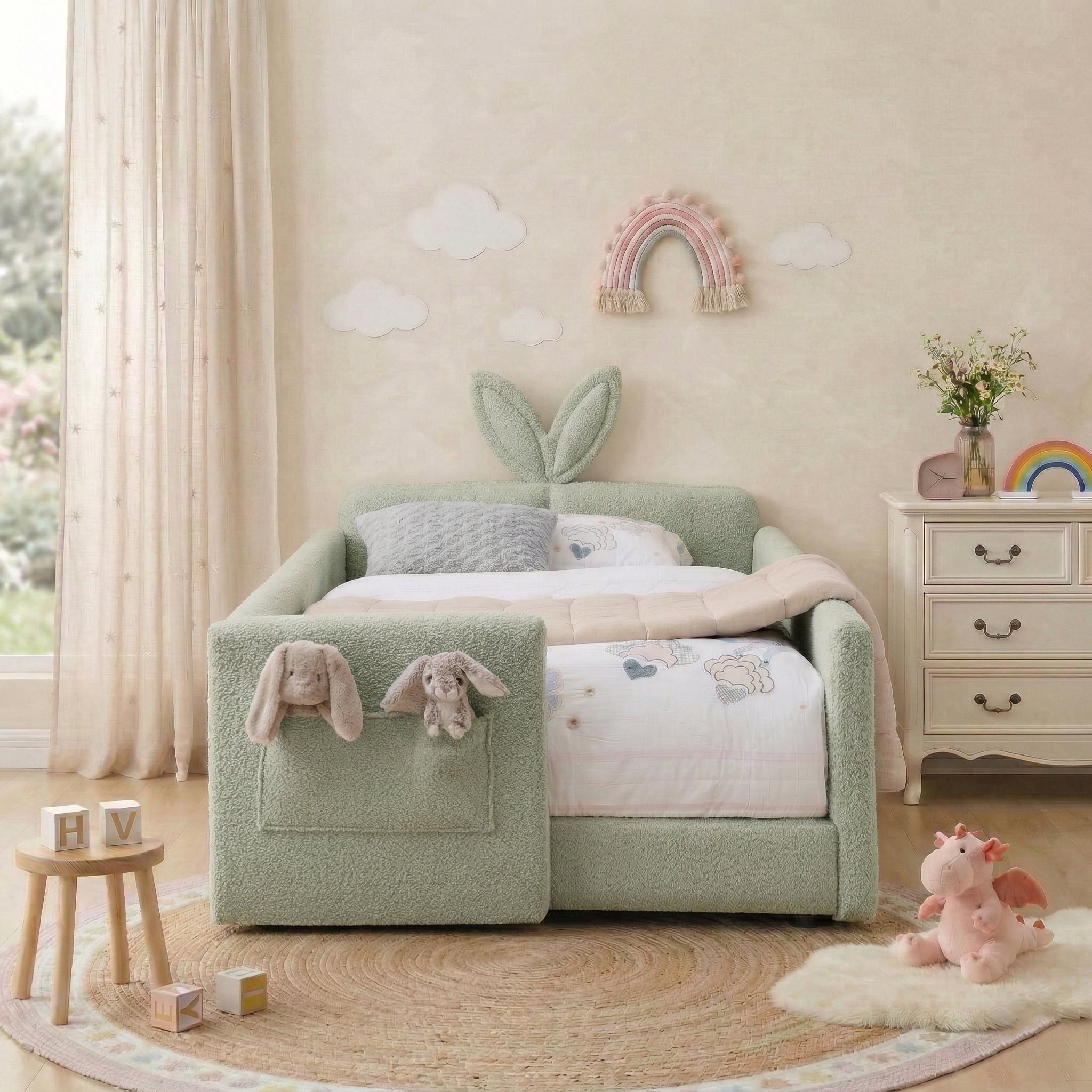 AISWORD Twin Size Kids Bed with Rabbit Ear Headboard, Upholstered Daybed with Slat Support & Side Pockets, Space-Saving Wooden Corner Sofa Bed, Green