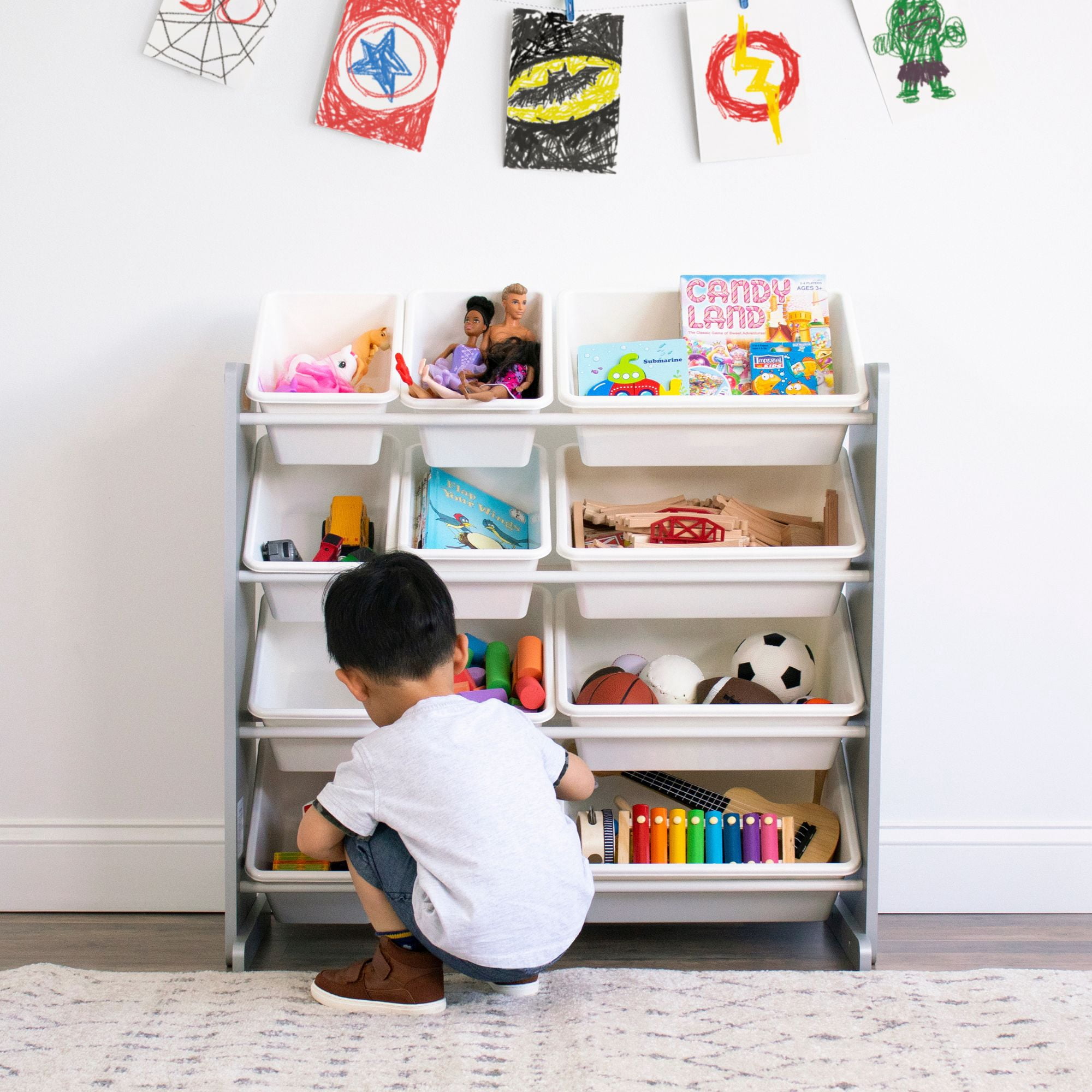 Humble Crew Kids Inspire Toy Storage Organizer with 12 Plastic Storage Bins, Grey/White