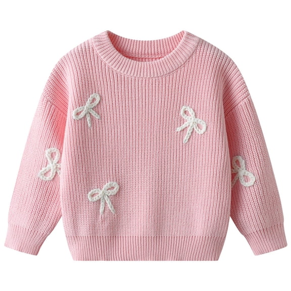 Mercatoo Toddler Bow Ribbed Knit Sweaters Baby Girls Cute Bow Embroidery Lightweight Pullover Knit Shirts Cozy Warm Clothes