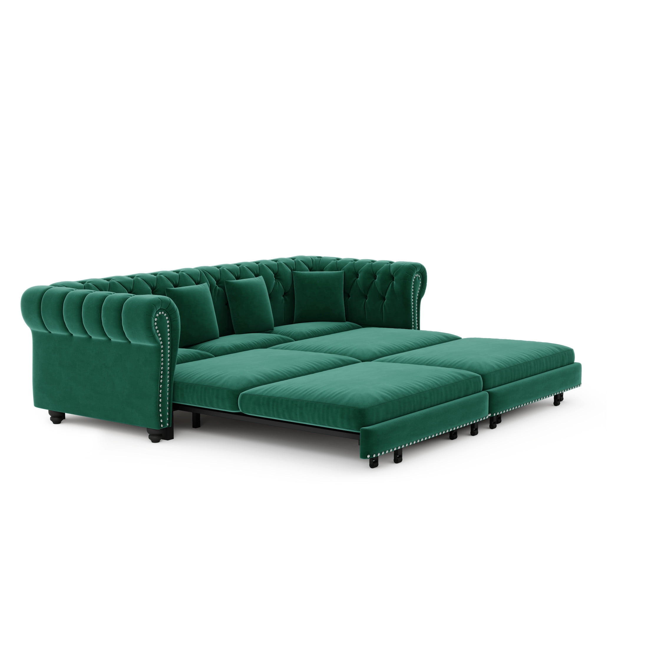 Noble House Ulwick Velvet Chesterfield Pull-Out Sofa Bed, 3-in-1 Convertible Sleeper Couch with Movable Ottoman, Green