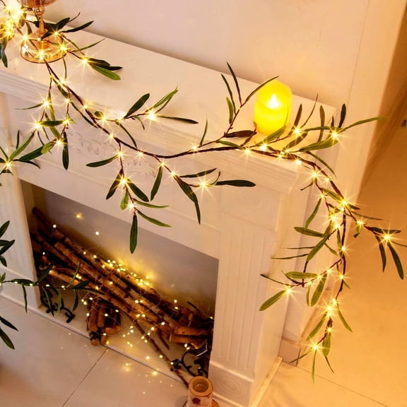 JEWLALO Lighted Artificial Olive Garland, 6FT LED Faux Greenery Vine Garland Lights for Mantel Fireplace Wedding Christmas Holiday Home Decorations