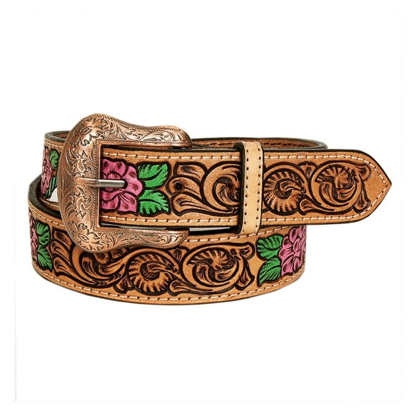 BE BAR H EQUINE Natural Floral Designs Hand Painted Western Leather Men And Women Belt Tan