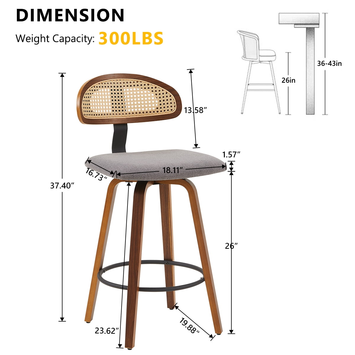 360° Swivel Rattan Bar Stools Set of 1, Counter Height Modern Kitchen Island Stools With Footrest, Uphostered Cushion, Comfortable Durable, Dark Grey