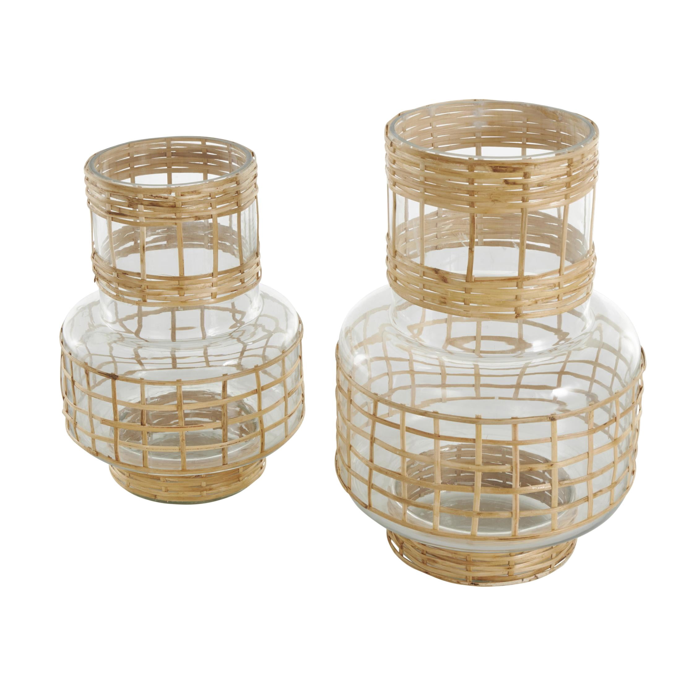 DecMode 12", 9"H Handmade Rattan Wrapped Glass Vase, Set of 2
