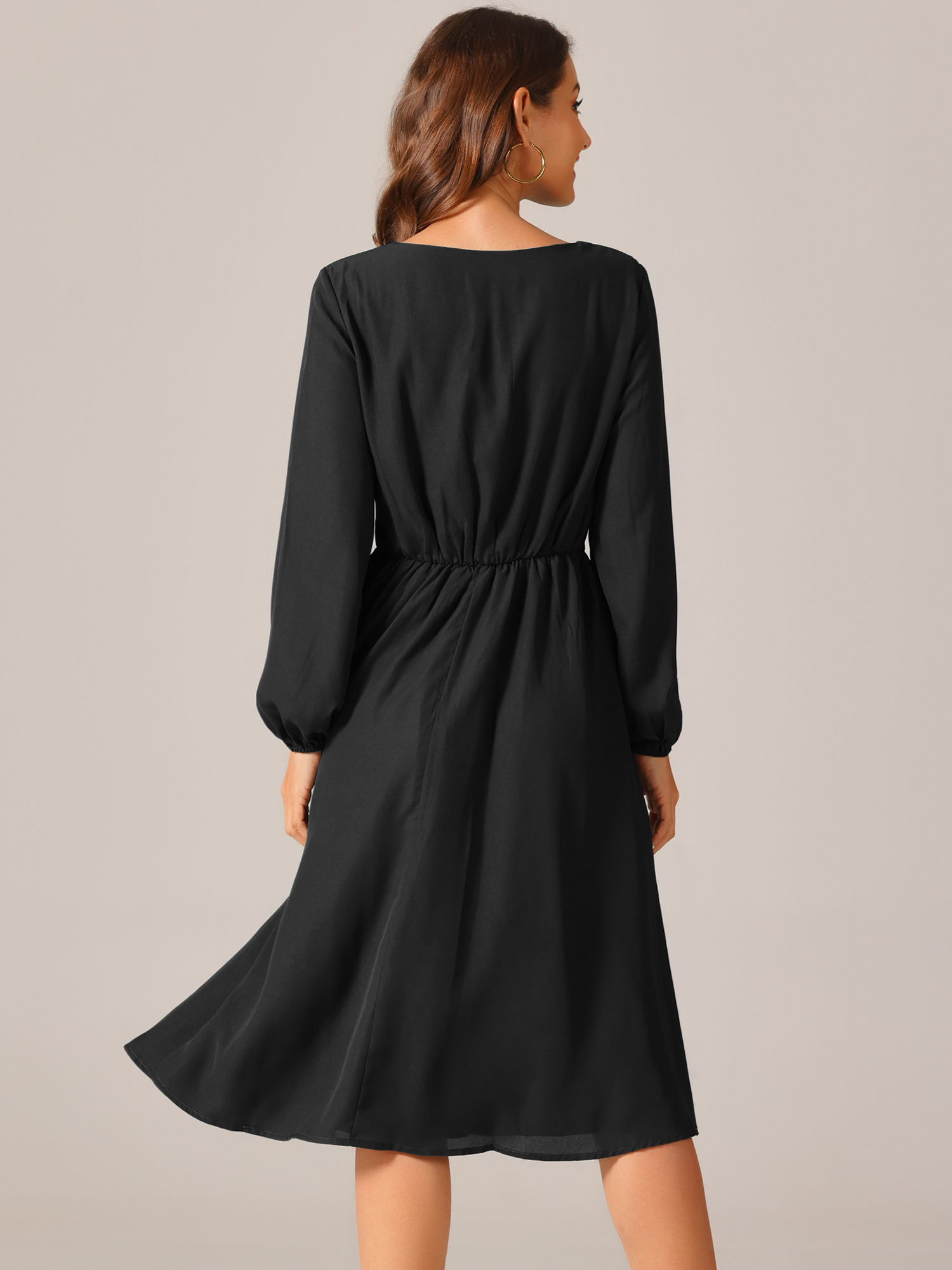 DARING DIVA High Waist Pleated Flowy Midi Long Sleeve Dress S Black