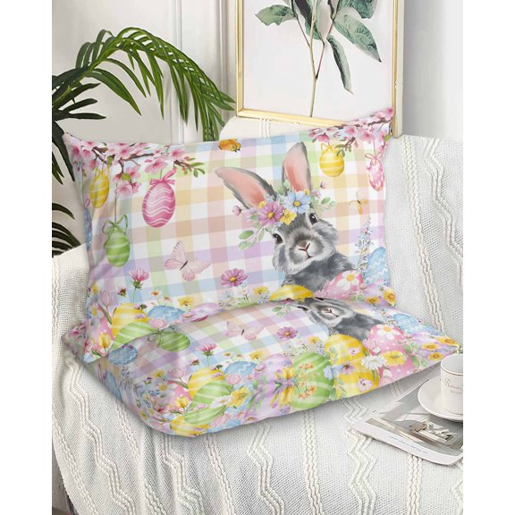 Easter Bunny King Pillow Cases Set of 2 - Microfiber Bed Throw Pillow Covers, Spring Colorful Eggs Flower Branch Plaid Decorative Lumbar Pillow Cover with Envelope Closure for Sofa/Travel 20"x36"