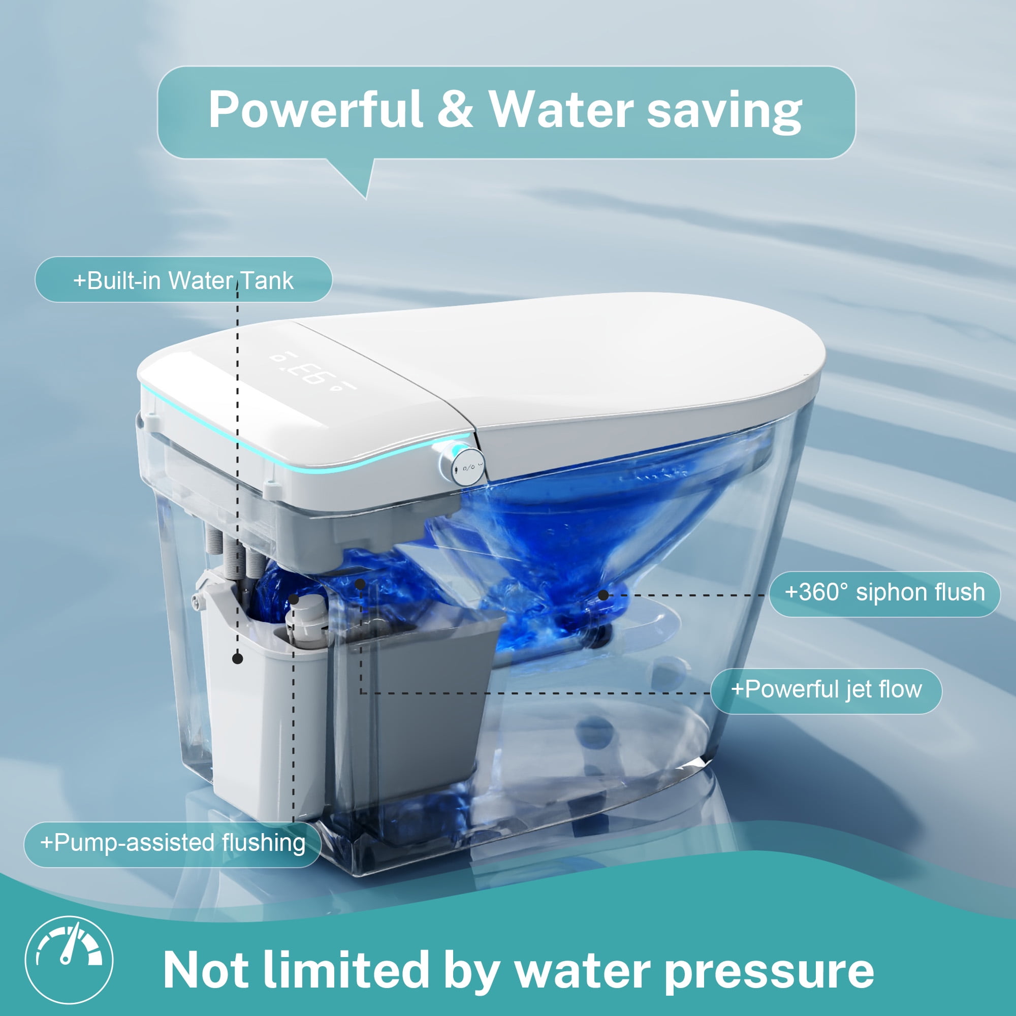 Built-In Smart Toilet With Nozzle, Heated Seat And Night Light, One-Piece Bathroom Toilet, Automatic Gentle Close, Foam Protection, Full/Half Flush