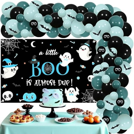 Halloween Baby Shower Decorations Boys, A Little Boo Is Almost Due Backdrop, Vintage Blue Balloon Garland Arch Kit with Bat Wall Stickers for Pregnancy Celebration Newborn Party
