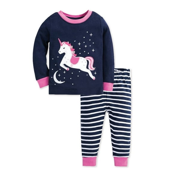 WIBACKER 2-7T Kids Girls Pajamas 2 Pieces Long Set Cotton Sleepwear Toddler Cartoon Pajamas Unicorn Daily Pjs