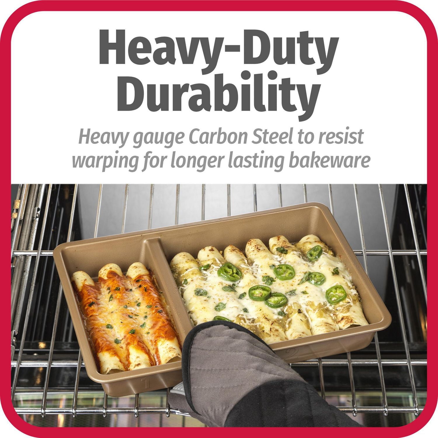 GoodCook BestBake MultiMeal Nonstick Diamond Textured Heavy Gauge Carbon Steel Divided Oblong Pan with Sidewall Indicators to customize recipes, 9" x 13", Bronze, GC BESTBAKE MULTIMEAL OBLONG 9x13IN