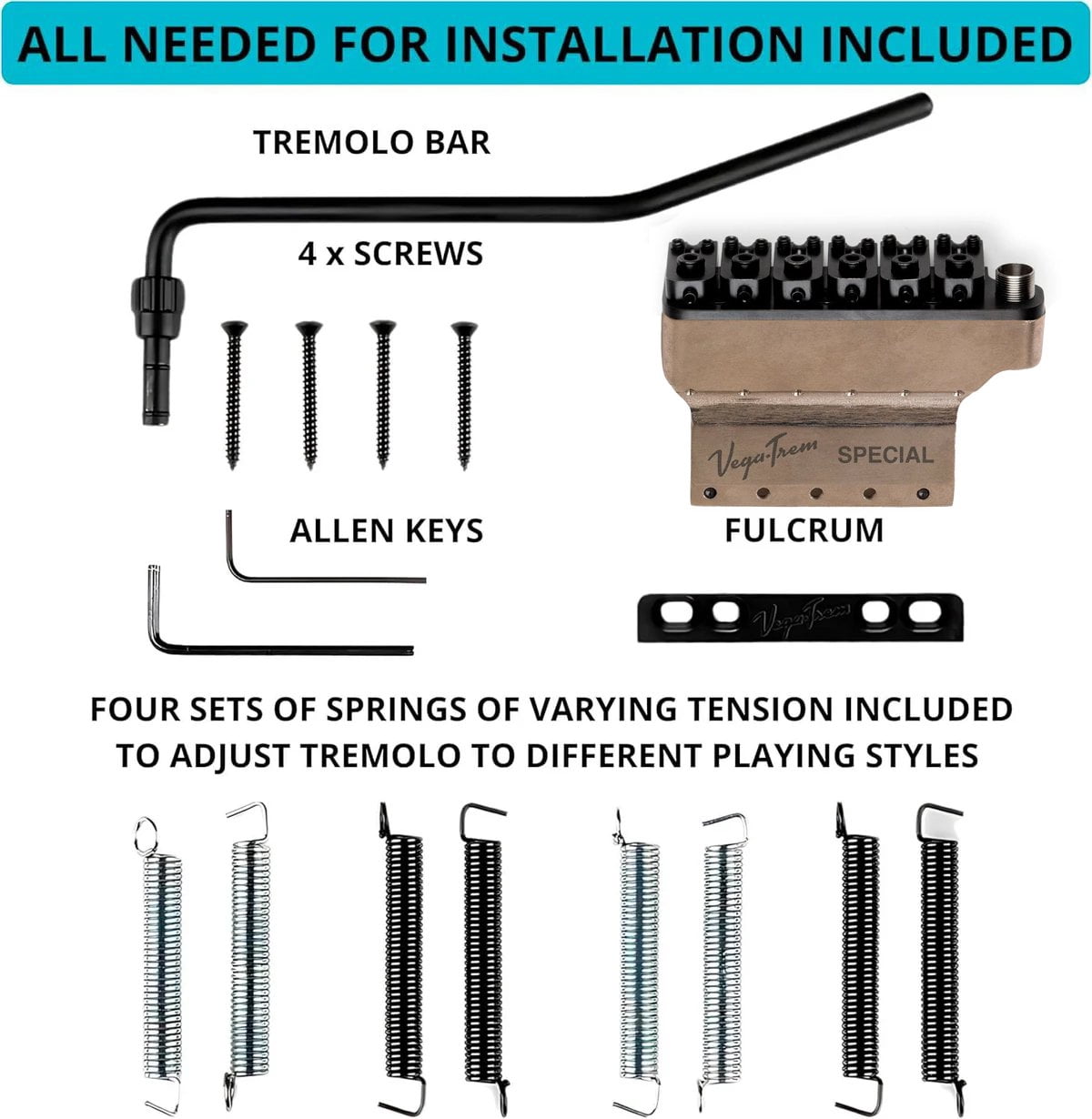 Vega-Trem VT1 Special Standard 6-Screw Stratocaster Guitar Tremolo Bridge For Strat No Mods Easy Installation Black, Right