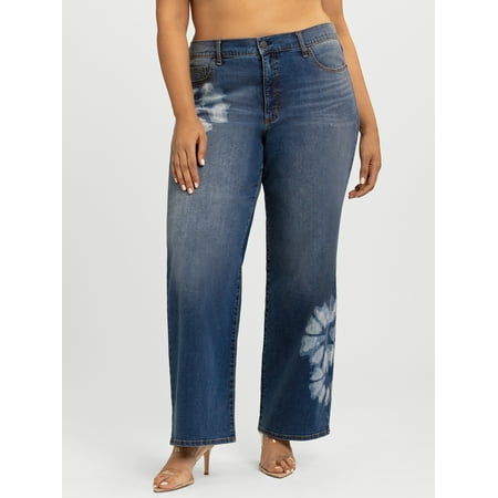 Jessica Simpson Women's Plus Rosa Print Mid Rise Relaxed Straight Leg Jeans, 32.5" Inseam, Sizes 16W-24W