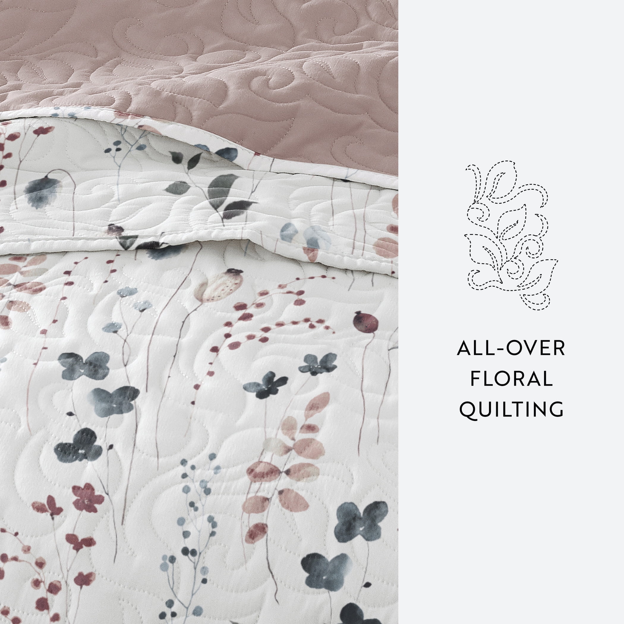 Noble Linens 3-Piece Mauve Poppy Bloom Reversible Quilt Set, Twin