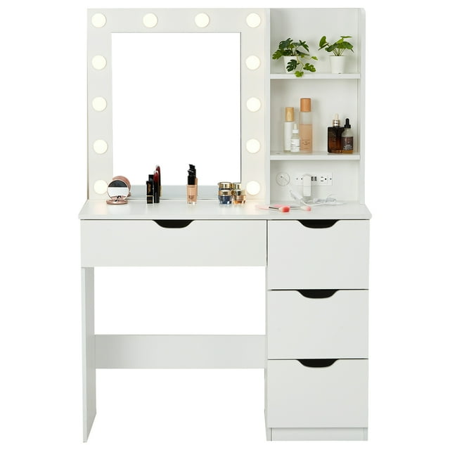 GOGRANT Vanity Desk with Mirror and Lights, 35.4" Makeup Vanity with 4 Drawers, 3 Open Shelves, Power Outlets & 3 Lighting Colors, Small Makeup Dressing Table for Bedroom