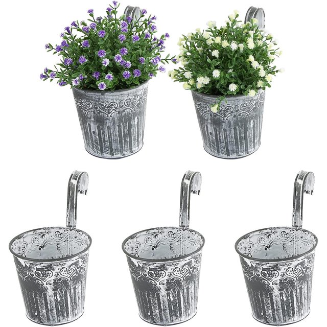 5 macetas colgantes de hierro estilo Vinage con asas y ganchos, cubo para plantas para decoración de interiores y exteriores, balcón, jardín, rejilla