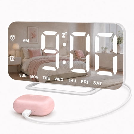 Slim LED Digital Alarm Clock, Mirror Surface for Makeup, with Diming, Large Display, Easy Setting, USB Ports, Modern Decor for Bedroom, Desk, Christmas, Birthday, White