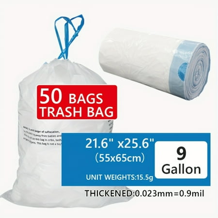 

JZMQWL Durable 9 Gallon Heavy Duty Drawstring Trash Bags - Pack of 50 - High Density Polyethylene Garbage Liners for Yard Kitchen and Bathroom Waste - 21.6”x25.6” 0.9Mil Thick - Dispos