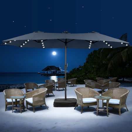 Autlaycil 15 Large Rectangle Outdoor Patio Umbrella and 48 Solar Lights with Matching Base Market Beach Garden Yard Party Navy Blue