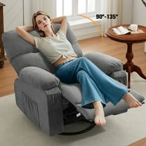 Swivel Recliner Chair, UHOMEPRO Manual Nursery Rocking Chair Single Sofa with Soft Cushion and Backrest, Living Room Lounge Chair with Side Pockets, Solid Wood Frame, Easy Assembly, Gray