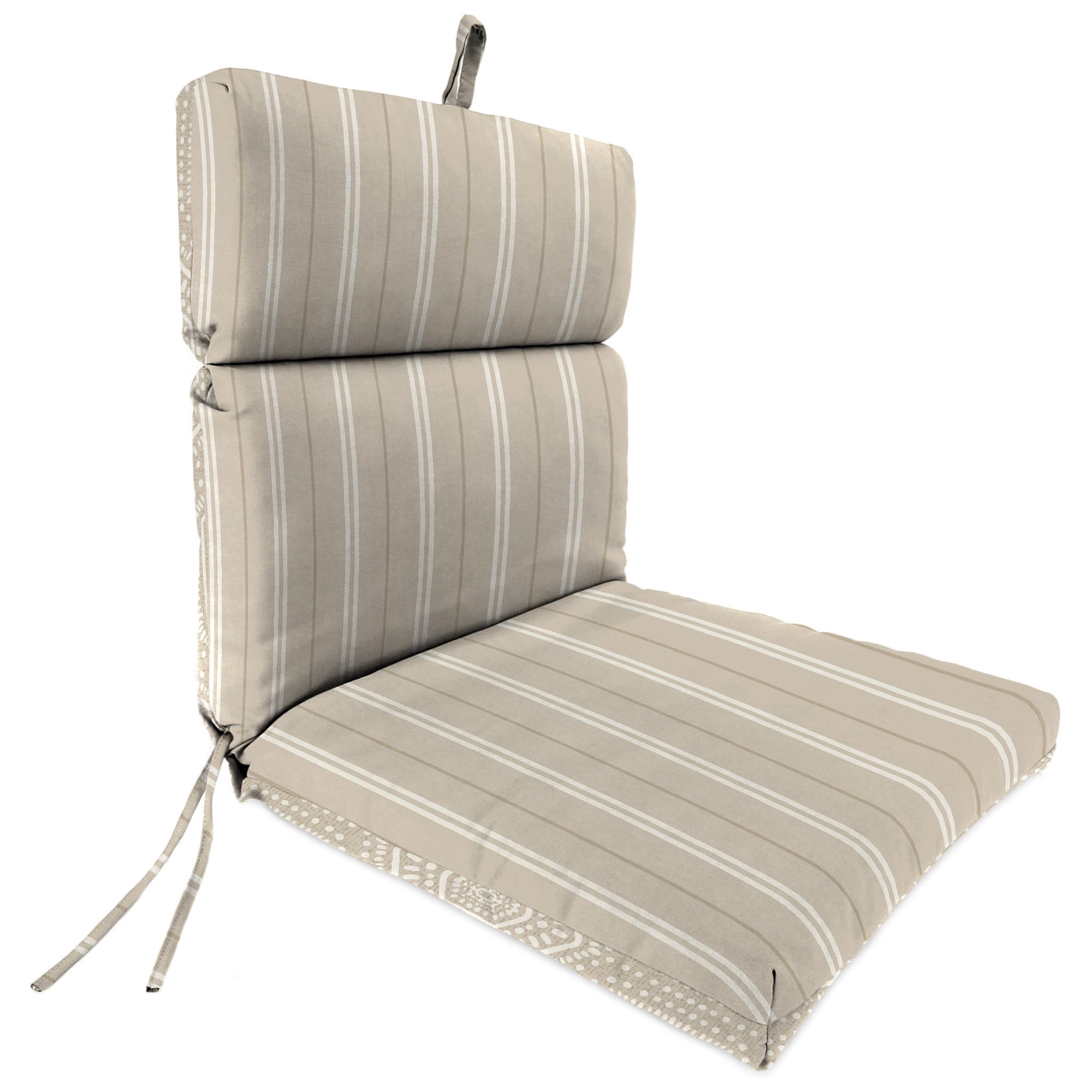 Jordan Manufacturing 44" x 22" Chet Taupe Geometric and Gallan Taupe Stripe Reversible Rectangular Outdoor Chair Cushion with Ties and Hanger Loop