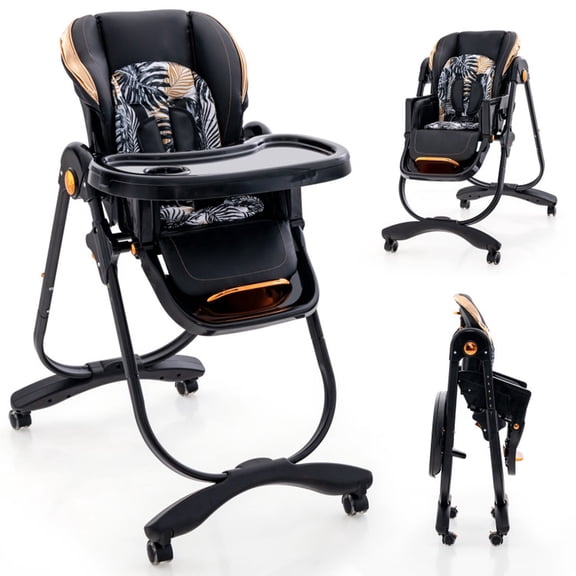Furnibear Folding Baby High Chair for Babies and Toddlers with Adjustable Height and Recline plus 360-Degree Lockable Wheels, Black