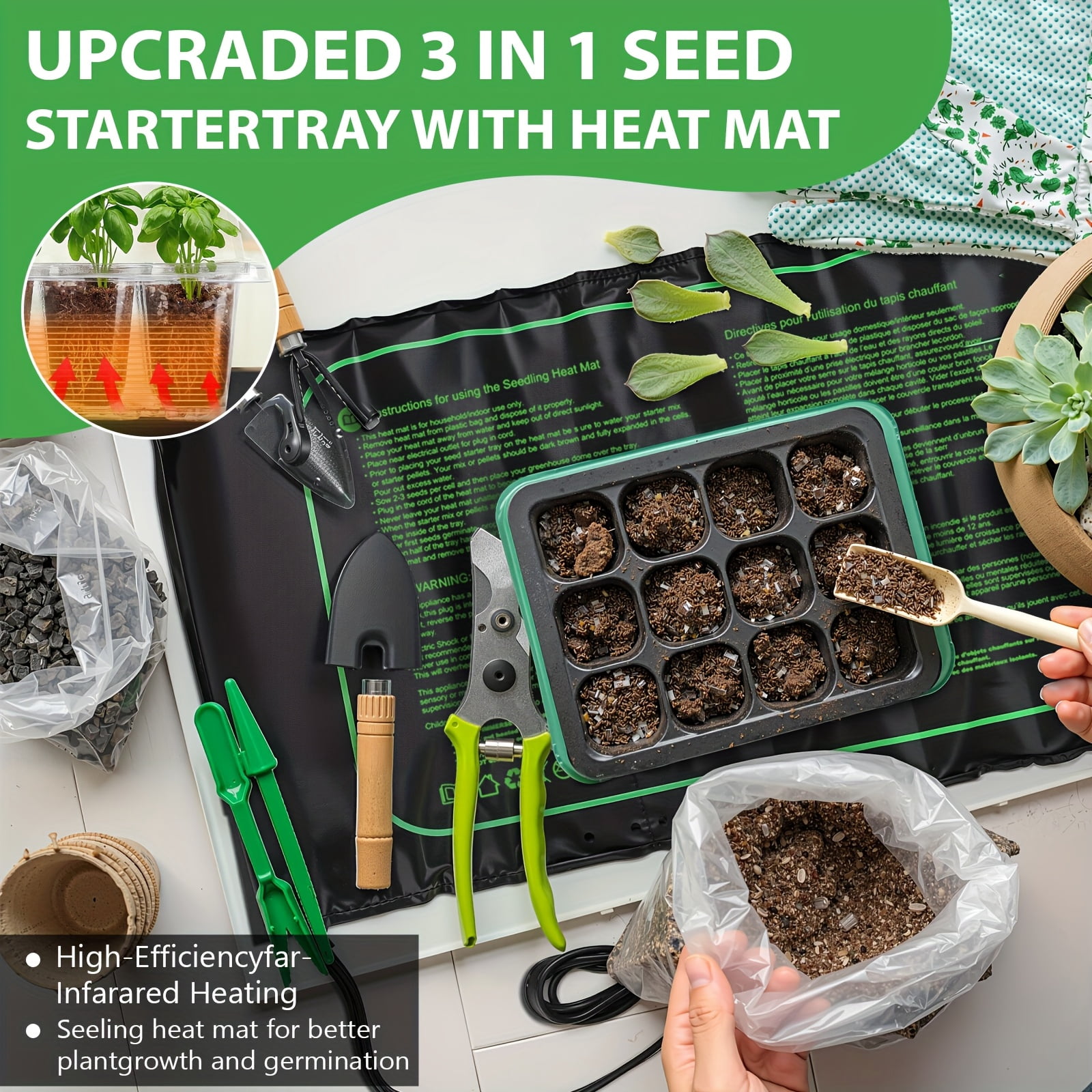 3-Pack Seed Starter Tray with Grow Light And Heat Mat, 36 Extra Large Cells Seed Starter Kit with Adjustable Humidity Dome And Base, Germination Kit for Seed Growing Plant Propagation
