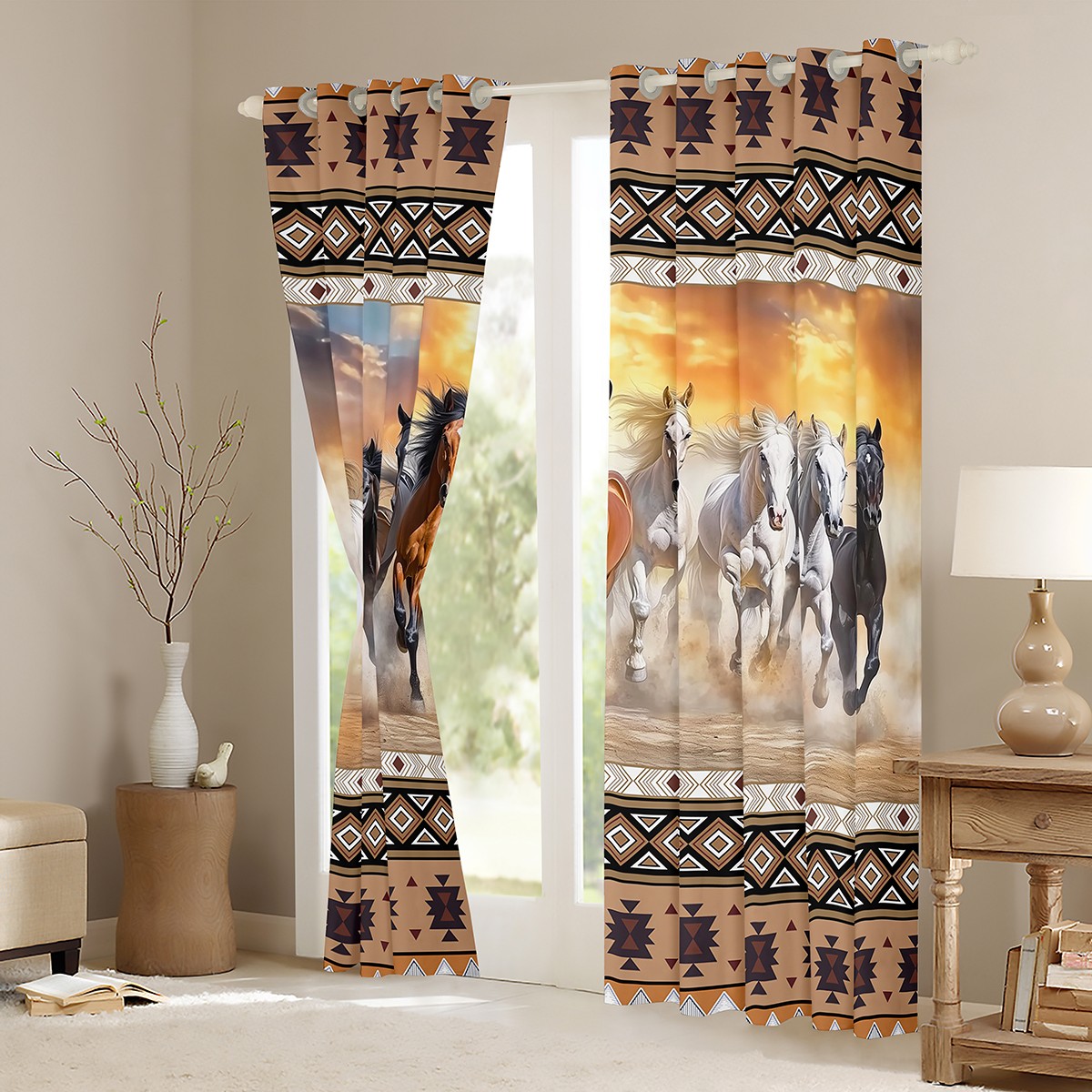jejeloiu Vintage Aztec Geometric Curtains Pack of 2 (42x84 Each)Farm Aniaml Horse Curtains Blackout,Brown White Bedroom Curtains,Breathable Room Decor